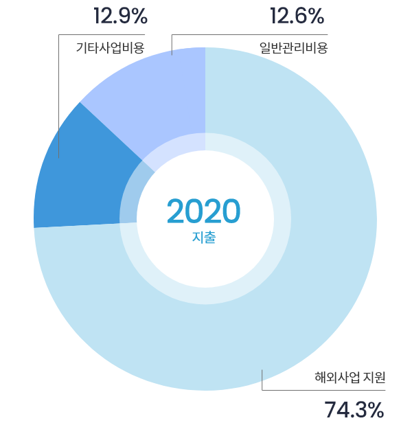 해외사업 지원 74.3%, 일반관리비용 12.6%, 기타사업비용 12.9%